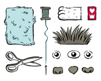 Drawing featuring the materials used to create slippers: faux fur, scissors, thread and needle, a logo tab, eyes, and noses.