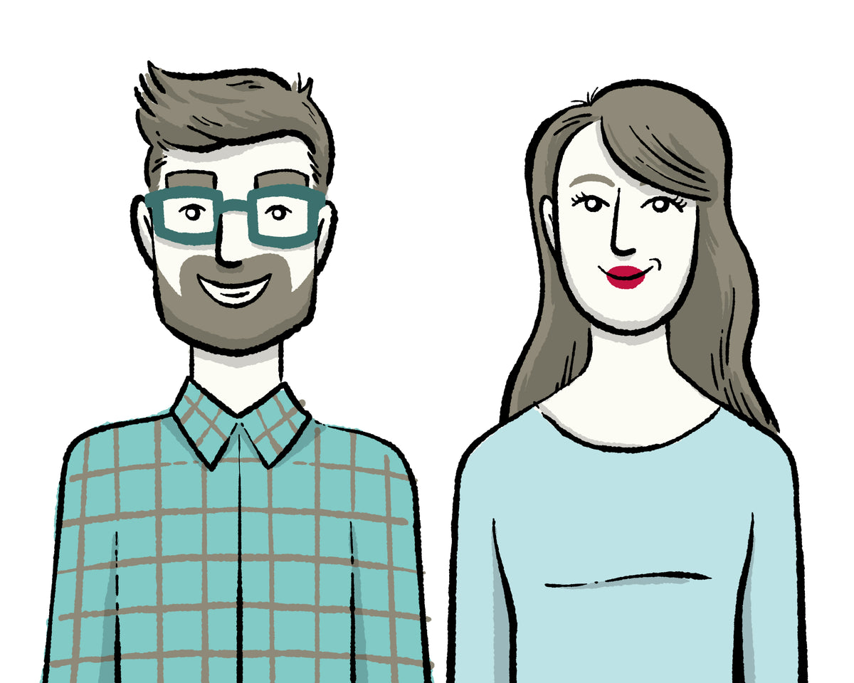 A drawing featuring the Everberry designers, a man with a beard, glasses, and a plaid shirt, and a woman with a light blue shirt and long brown hair