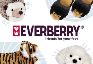 Everberry Friends for Your Feet Banner featuring a Fuzzy Hedge Slipper, a Pug Slipper, a pair of Highland Cattle Slippers, a pair of Fuzzy Monkey Slippers, a Tiger Slipper, a Bichon Frise Slipper, with light blue abstract illustrations