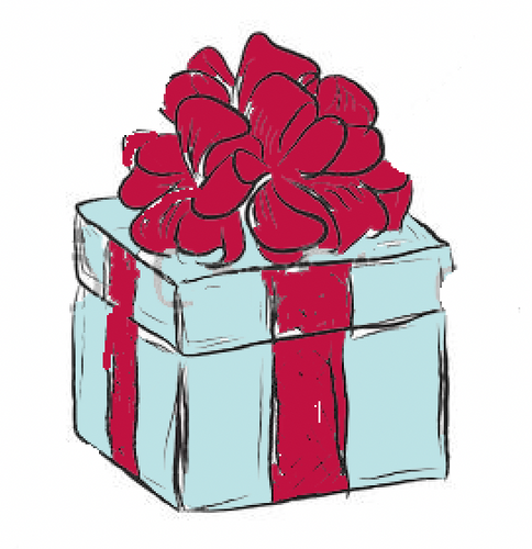 Drawing of blue gift box tied with pink ribbon