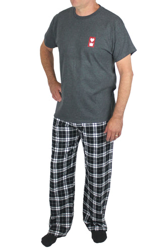 Everberry Heart and Crown Pajama Set 3/4 View with heather gray t-shirt and black and white plaid pants