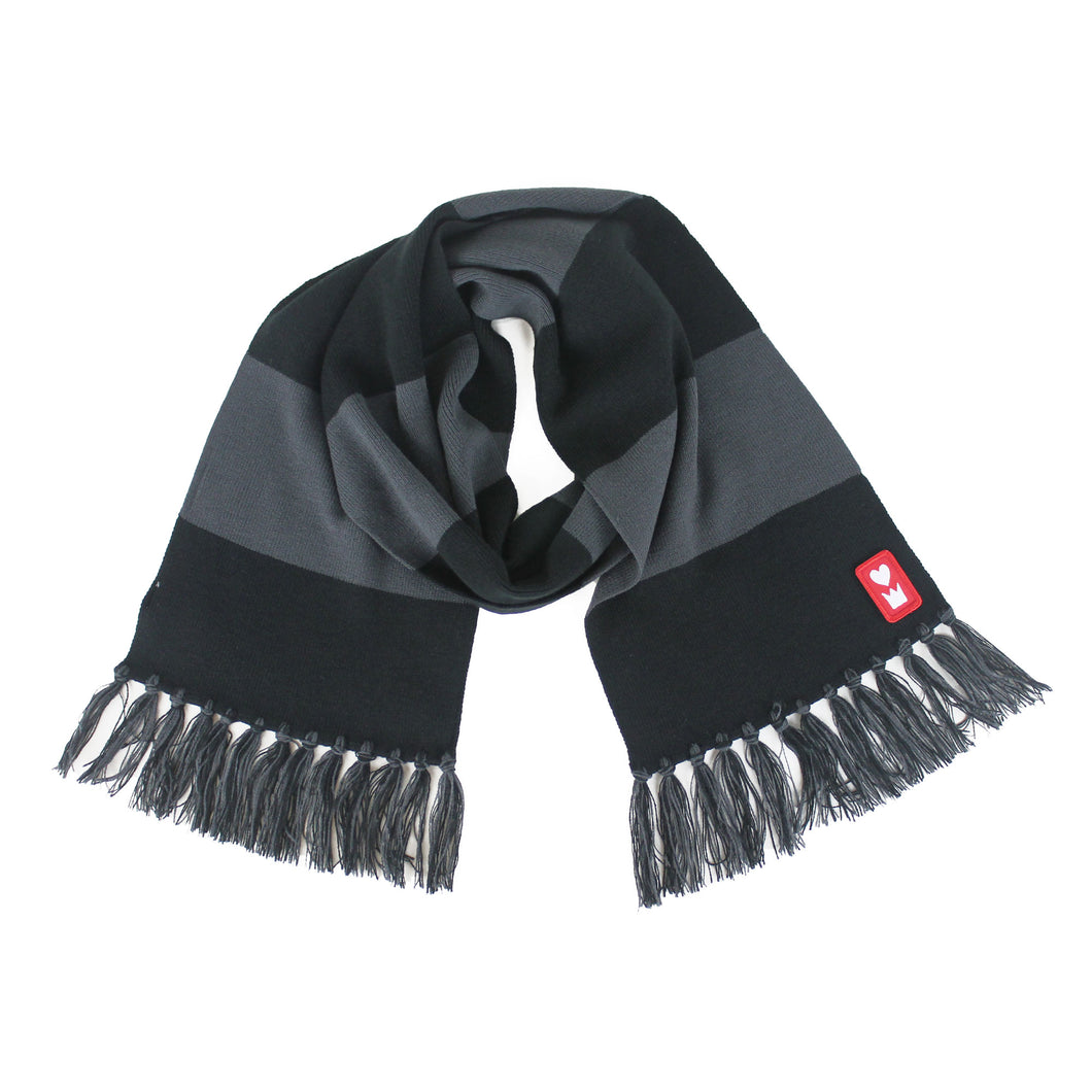 Everberry Heart and Crown Scarf with black and gray stripes and gray fringe