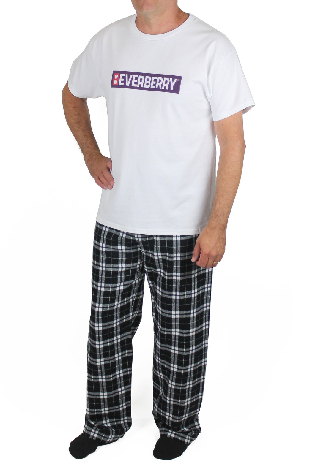 Everberry Logo Pajama set with white t-shirt and black and white plaid pants