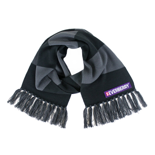 Everberry Logo Scarf with black and gray stripes and gray fringe